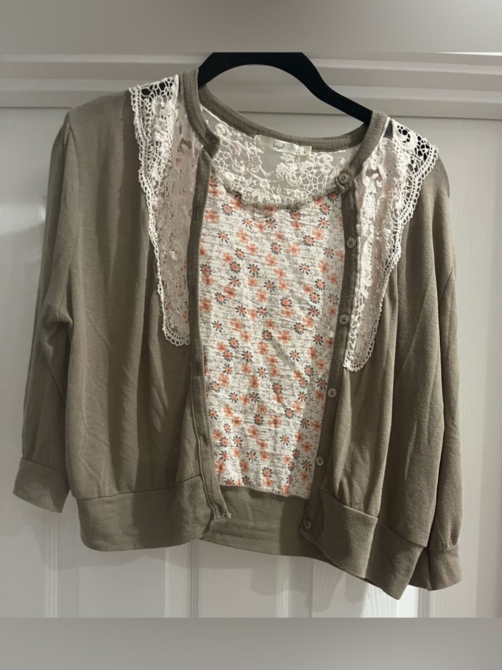 hazel Olive Trim Floral Lace Cropped Sweater with Elbow length Sleeve